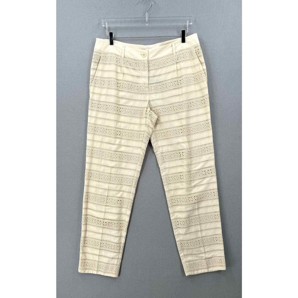 WEEKEND MAX MARA Ankle Pants Women 12 Beige Eyelet Lace Straight Leg Cotton
